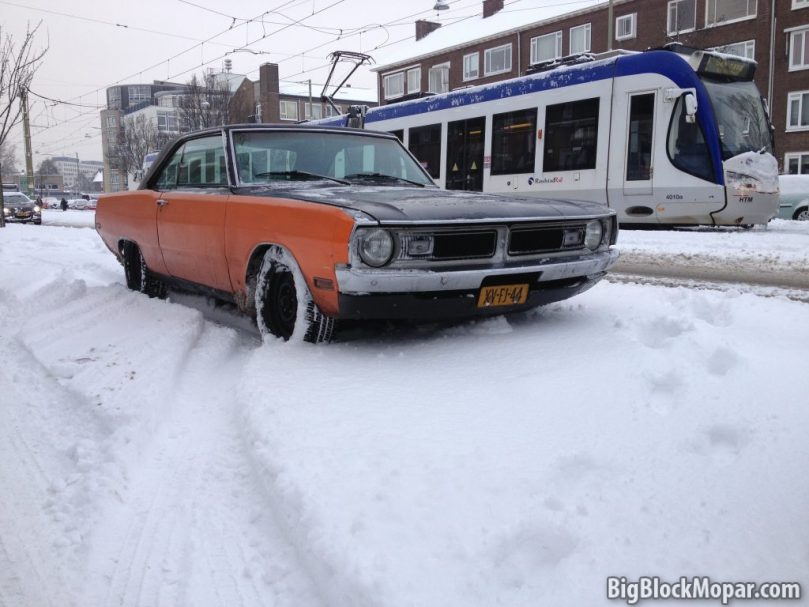 1973 Dodge Dart in the deep winter snow